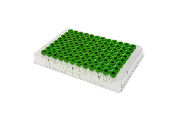 96-well microplate with green screw caps on a transparent background