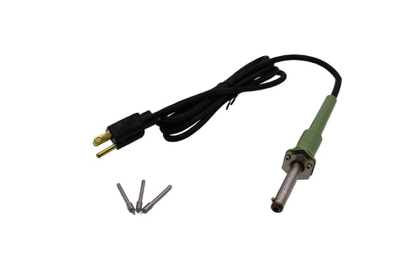 Electric flanging tool with green handle, power cord, and three interchangeable metal tips