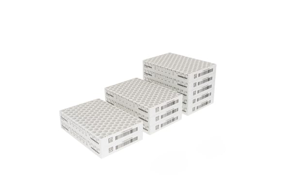 White Hamilton RackWare sample storage racks stacked in groups of 2, 4, and 6, with barcodes and grid labels visible.