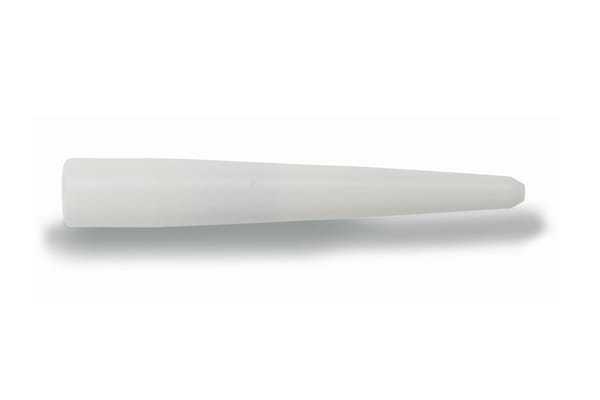 White tapered pipette tip with a pointed end, shown on a transparent background