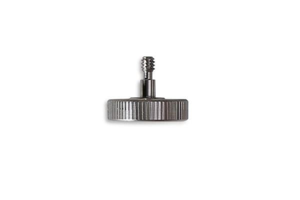 Knurled metal thumbscrew with threaded post on top