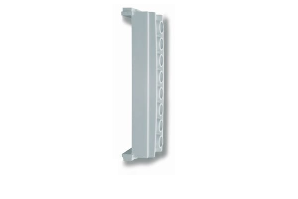 Light gray plastic rack or carrier component with a column of circular holes along its right edge and mounting tabs at top and bottom