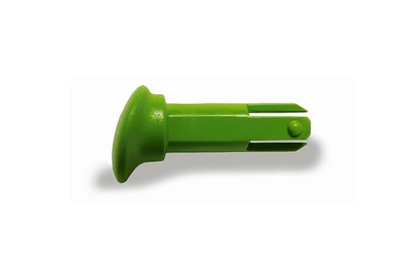 Green plastic snap-fit cap with split shank and retention bead, shown on white background