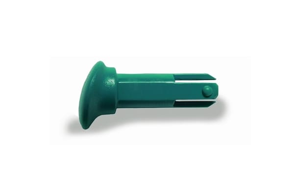 Green plastic split-tip push pin fastener with flanged head and locking nub