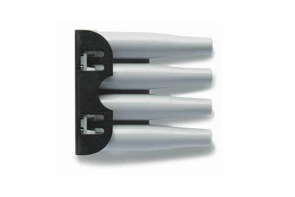 Four silver cylindrical pipette tips held in a black mounting bracket with two locking clips