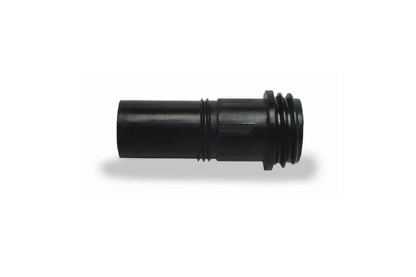 Black cylindrical threaded adapter with grooved body and external threads on one end
