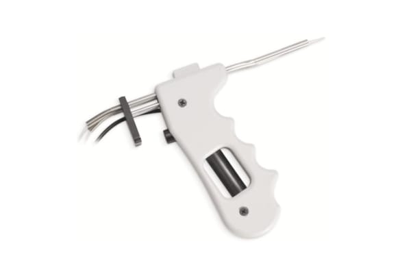 White pistol-grip handle with stainless steel needle probes and attached cables