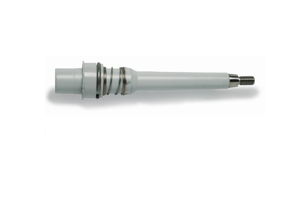 White ceramic and stainless steel lower body assembly with metal retaining rings and threaded tip
