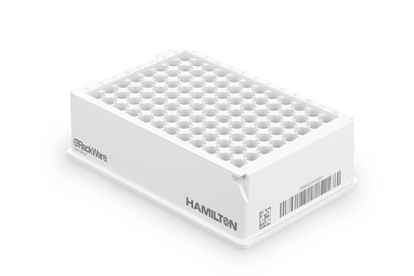 Hamilton RackWare 96-well deep well plate with barcode and 2D code label