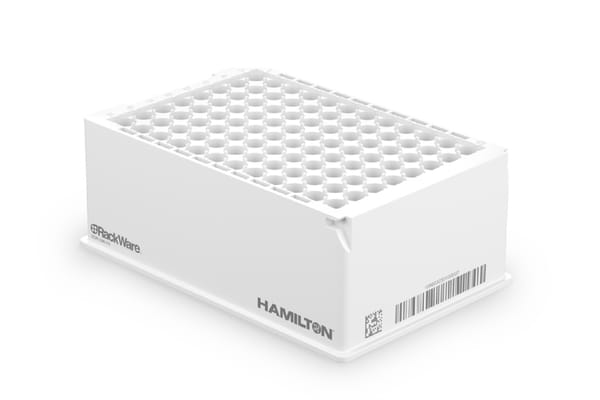 Hamilton RackWare white 96-position sample storage rack with barcode label