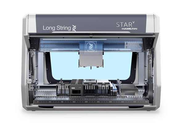 Hamilton STAR V automated liquid handler labeled "Long String," front view with deck and pipetting head visible