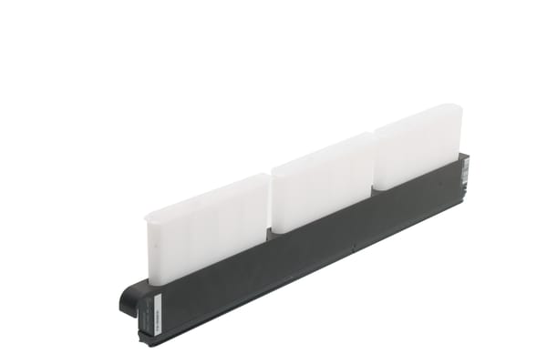 Three white reagent troughs seated in a black elongated carrier rail, isolated on white background.