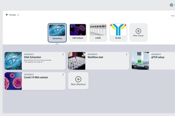 Hamilton Laboratory software dashboard showing Genomics, Cell Culture, LCMS, and ELISA workflow shortcuts with light theme UI