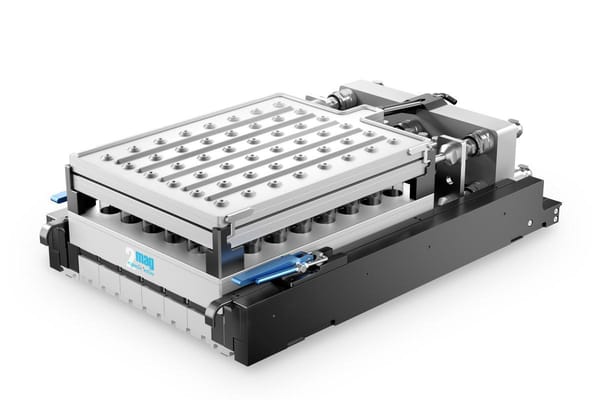 2mag magnetic motion laboratory shaker platform with grid surface and blue drive module on white background