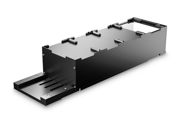 Black anodized aluminum laboratory deck module with two open frame positions and a slide-out base tray