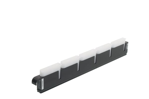 Black reagent trough carrier holding five white translucent reagent troughs in a row