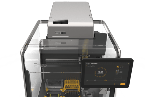 Hamilton Prep automated liquid handler with PrepCAP module on top, touchscreen interface showing 12:15 timer, and sample plates inside enclosure