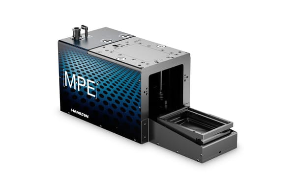 Hamilton MPE² modular pipetting enclosure with open drawer tray and blue dot-pattern housing