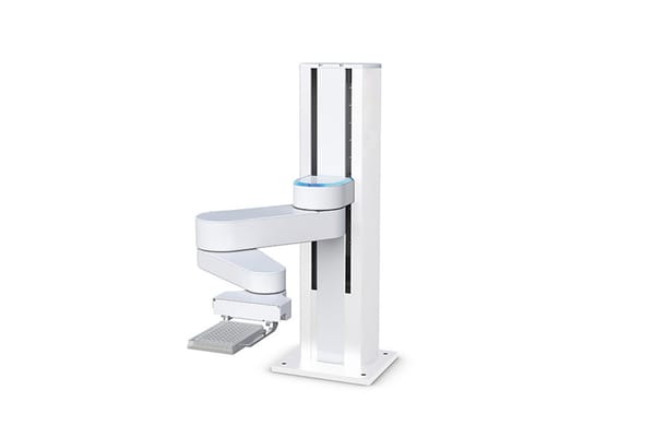 White robotic SCARA arm on vertical linear rail with blue-lit joint, holding a microplate