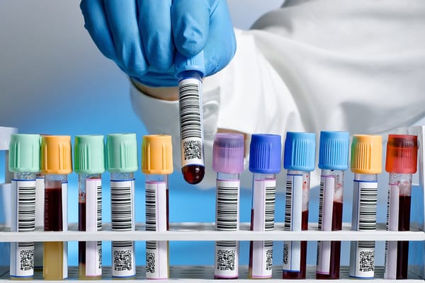 Gloved hand placing a barcoded blood collection tube into a rack of labeled sample tubes with colored caps