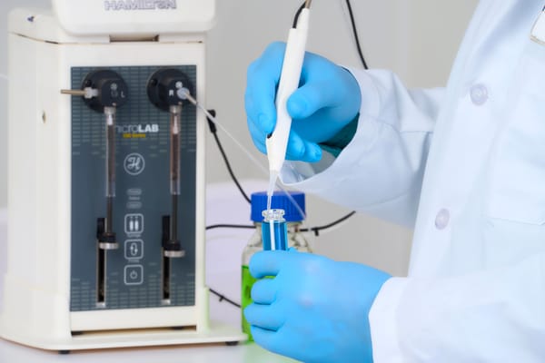 Gloved hands inserting a handheld probe into a vial beside a Hamilton MicroLab diluter
