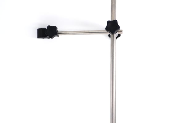 Stainless steel probe holder arm with two black star-knob clamps mounted on a vertical rod