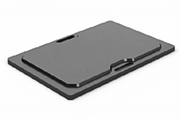 Two dark gray rectangular flat plates stacked slightly offset, with cutout handles and metal fasteners visible