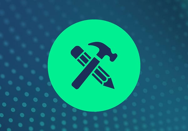 Green circle icon with a crossed pencil and hammer symbol on a dark teal dotted background.