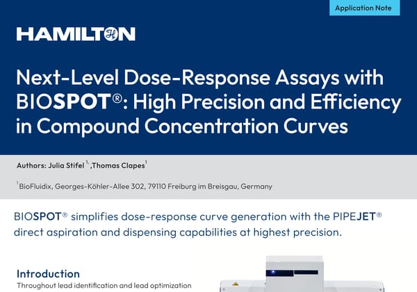 Hamilton BIOSPOT application note cover: "Next-Level Dose-Response Assays with BIOSPOT®" title on dark blue background with partial instrument image