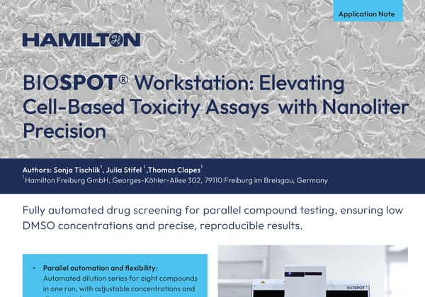 Hamilton BIOSPOT® Workstation application note cover showing cultured cells under microscopy and the BIOSPOT instrument.