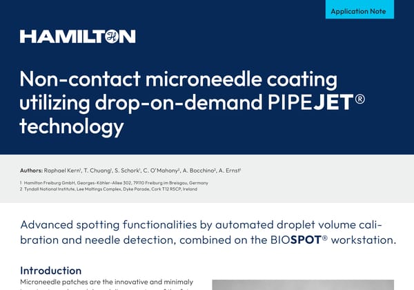 Hamilton application note cover: "Non-contact microneedle coating utilizing drop-on-demand PIPEJET® technology"