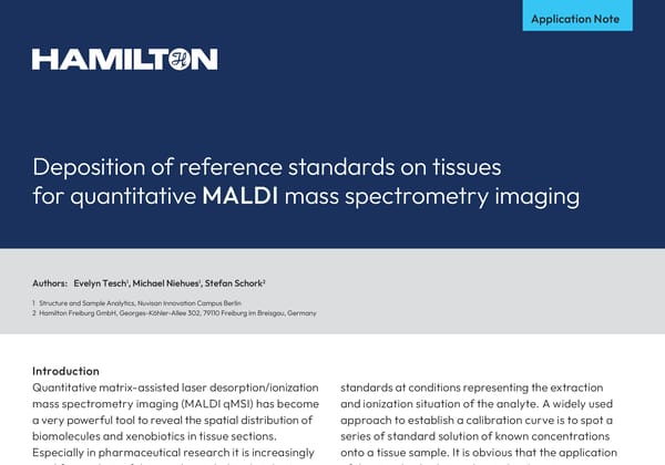 Hamilton application note cover: "Deposition of reference standards on tissues for quantitative MALDI mass spectrometry imaging"