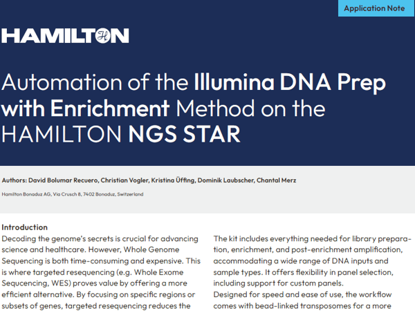 Application note cover: "Automation of the Illumina DNA Prep with Enrichment Method on the HAMILTON NGS STAR"