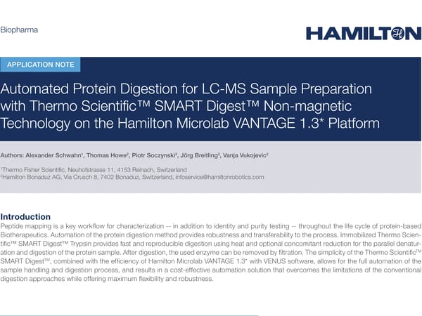 Hamilton application note cover: "Automated Protein Digestion for LC-MS Sample Preparation with Thermo Scientific SMART Digest on the Hamilton Microlab VANTAGE 1.3 Platform"