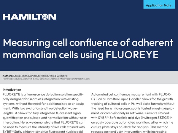 Hamilton application note cover: "Measuring cell confluence of adherent mammalian cells using FLUOREYE"