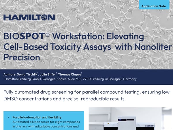 Hamilton BIOSPOT Workstation application note cover showing cultured cells under microscopy and the BIOSPOT instrument