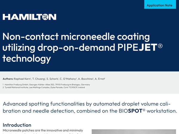 Hamilton application note cover: "Non-contact microneedle coating utilizing drop-on-demand PIPEJET® technology"