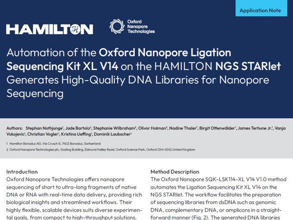 Application note cover page for automating Oxford Nanopore Ligation Sequencing Kit XL V14 on the Hamilton NGS STARlet