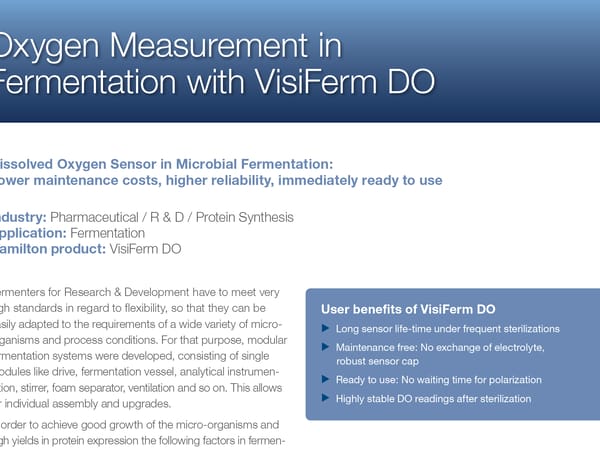 Application note header: Oxygen Measurement in Fermentation with VisiFerm DO, listing industry and user benefits.