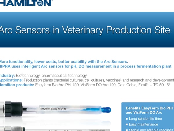 Hamilton Arc Sensors product page header showing EasyFerm Bio HB ARC 120 pH sensor and VisiFerm DO Arc 120