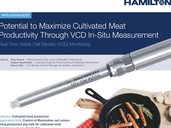 Hamilton Incyte Arc 120 probe beside a cast iron skillet with sausages; application note cover on cultivated meat VCD monitoring