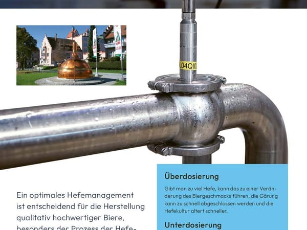 Hamilton Application Note cover for Badische Staatsbrauerei Rothaus featuring an inline sensor mounted on a stainless steel brewery pipe