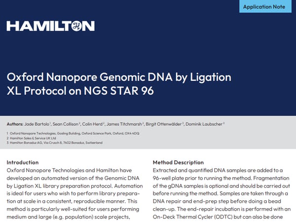 Hamilton application note cover: "Oxford Nanopore Genomic DNA by Ligation XL Protocol on NGS STAR 96"
