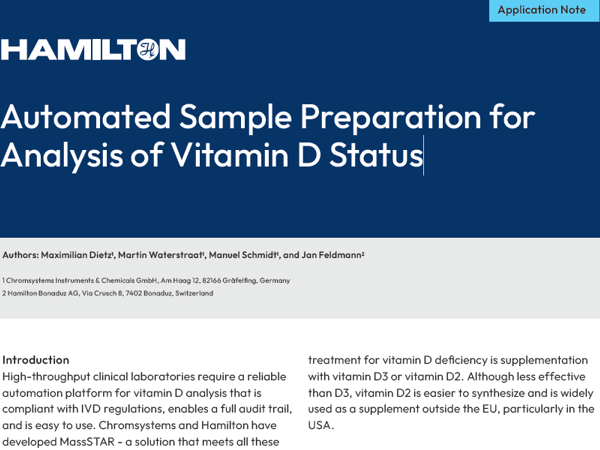 Hamilton application note cover: "Automated Sample Preparation for Analysis of Vitamin D Status"