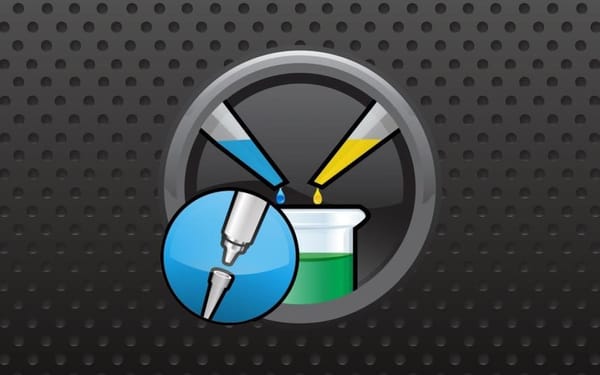 Stylized icon with two pipettes dispensing drops into a beaker containing green liquid, on a dark perforated background.