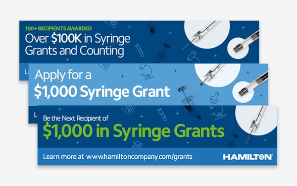 Three stacked Hamilton syringe grant promotional banners advertising $1,000 grants and $100K awarded