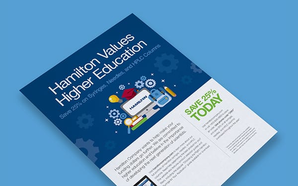 Hamilton higher education promotional flyer offering 25% off syringes, needles, and HPLC columns
