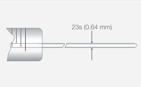 Diagram of a 23s (0.64 mm) gauge needle with hub, showing outer diameter annotation.