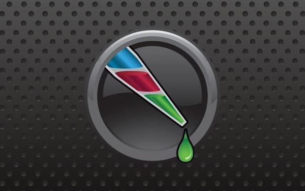 Stylized icon of a pipette tip with blue, red, and green bands, dropping a green liquid droplet, inside a circular emblem on a dark perforated background.