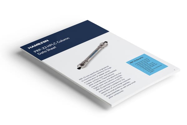 Printed data sheet titled "Hamilton PRP-Z2 HPLC Column Data Sheet" featuring a photo of an HPLC column and a benefits callout box.